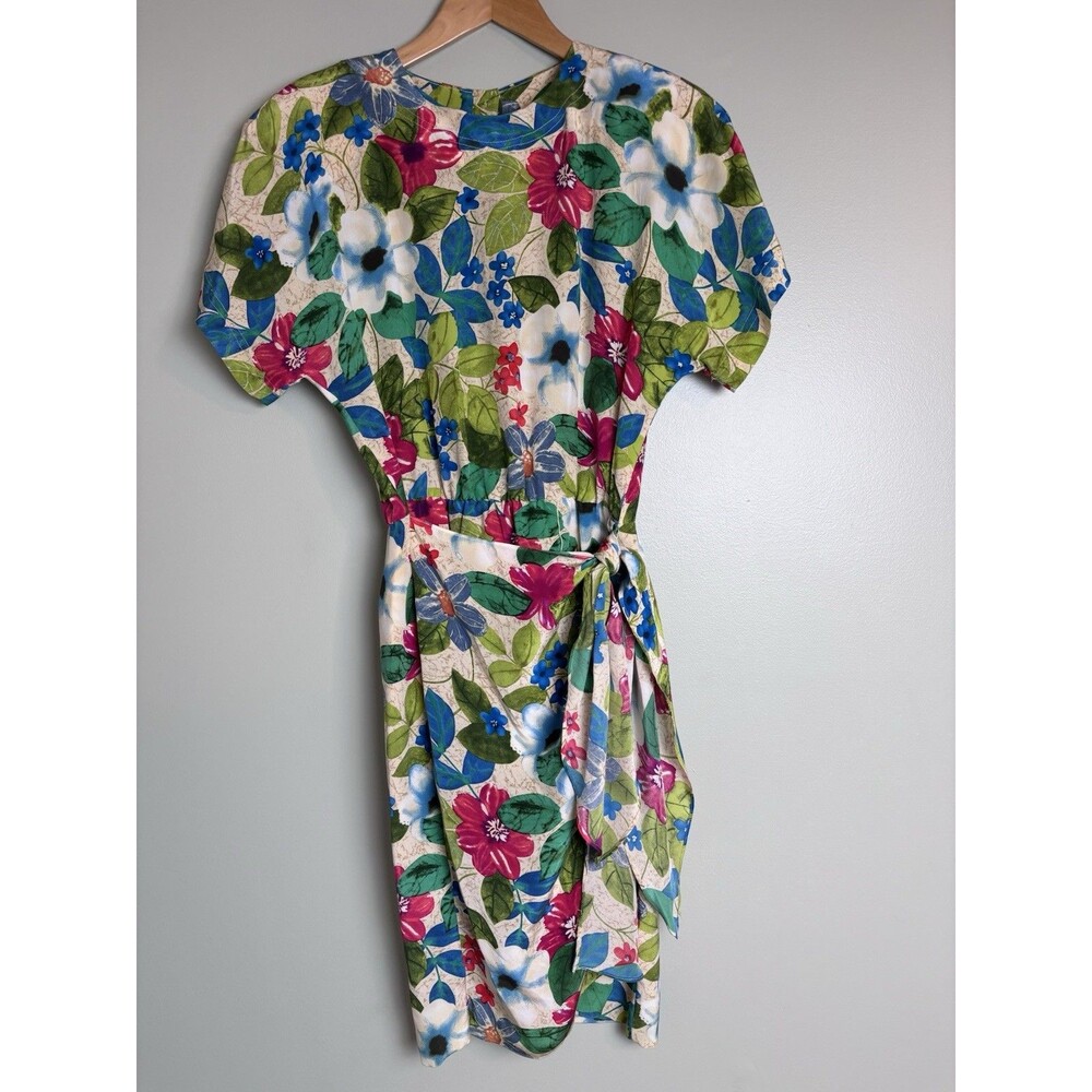 Vintage Maggy London Womens Tropical Floral 100% Silk Mini Faux Wrap Dress Sz 4